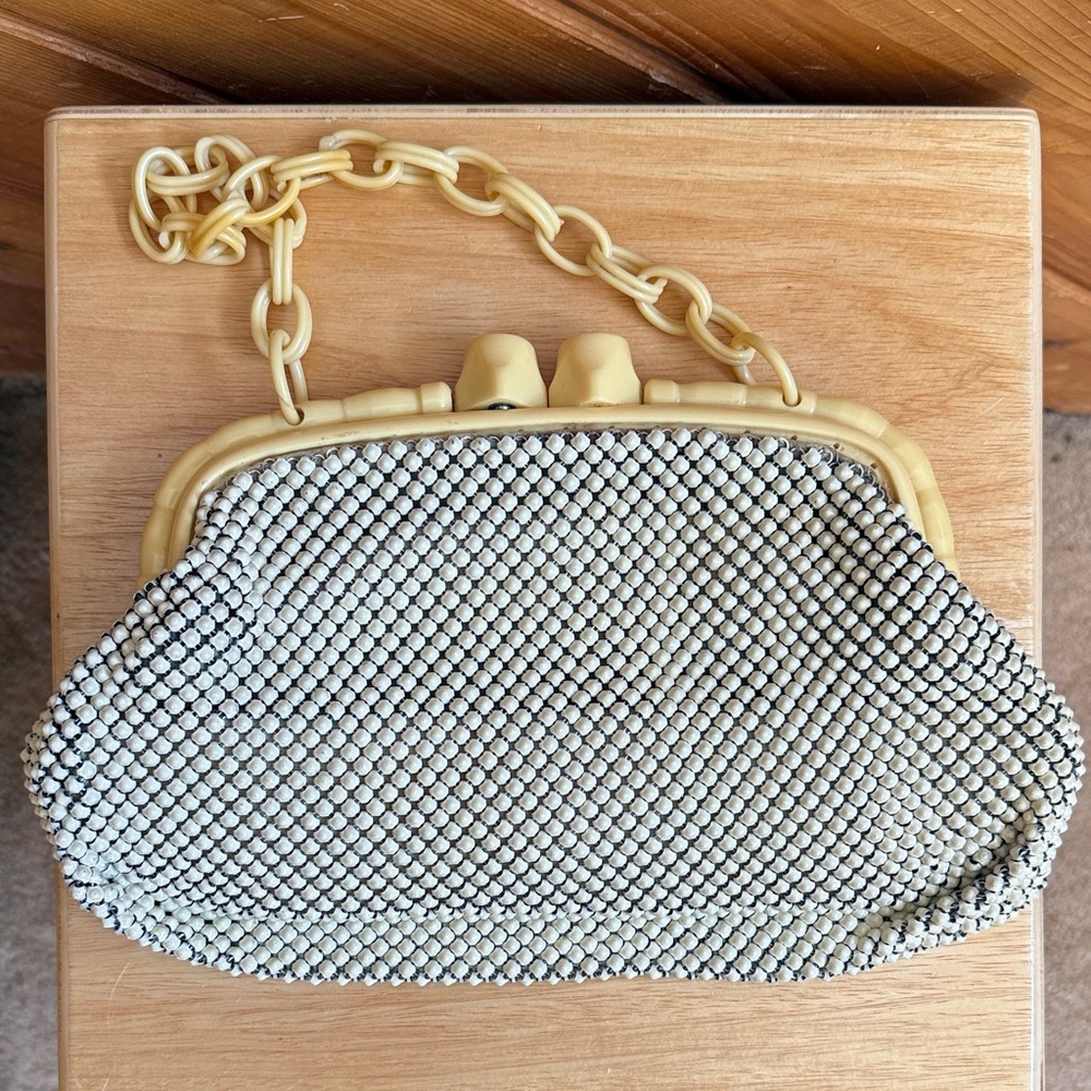 Whiting & Davis white Beaded Clutch with chain